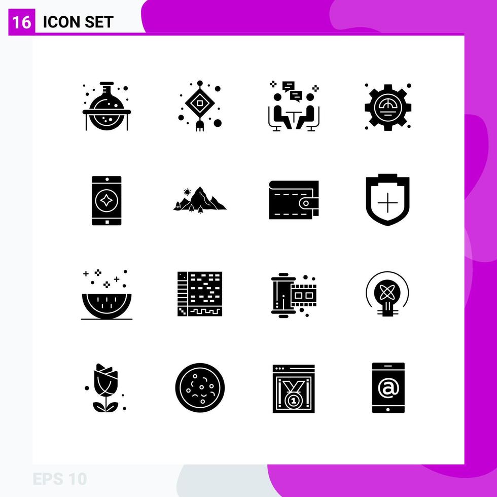 Gruppe von 16 modernen soliden Glyphen, die für beliebte mobile Performance-Meeting-Exzellenzdissukation editierbare Vektordesign-Elemente gesetzt werden vektor