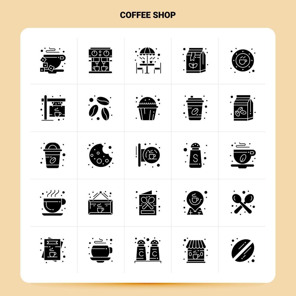 solide 25 Coffee Shop Icon Set Vektor Glyphe Stil Design schwarze Icons Set Web und mobile Geschäftsideen Design Vektor Illustration