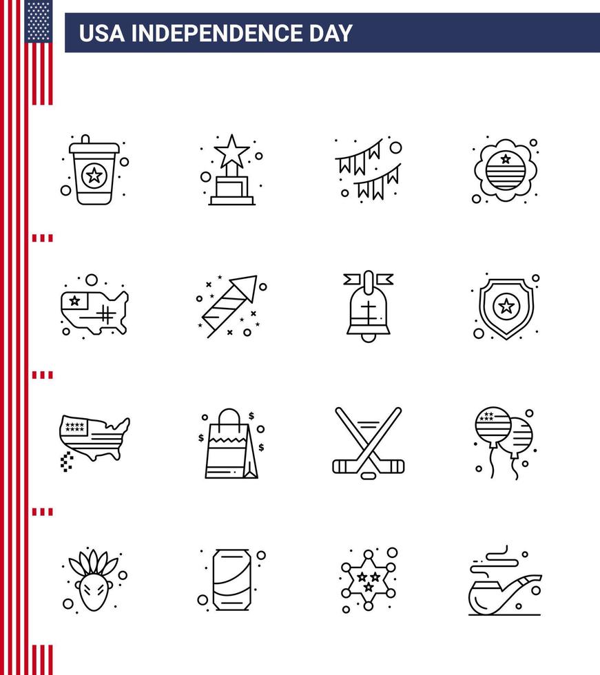Lycklig oberoende dag 4:e juli uppsättning av 16 rader amerikan pictograph av förenad Karta dekoration bricka flagga redigerbar USA dag vektor design element