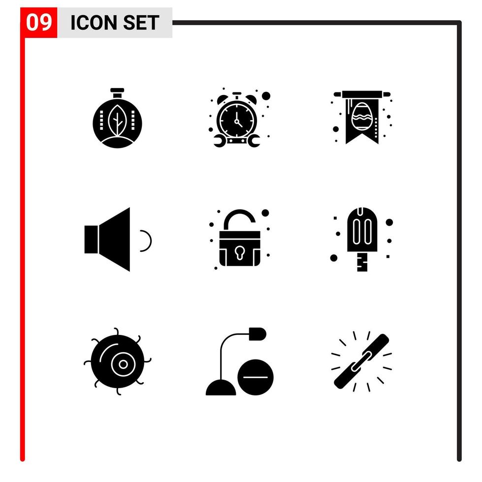 mobil gränssnitt fast glyf uppsättning av 9 piktogram av karneval hänglås kort låsa högtalare redigerbar vektor design element