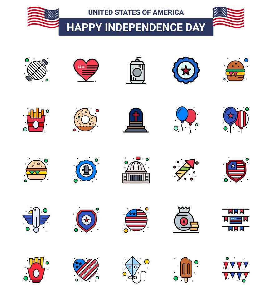 Usa Happy Independence DayPiktogrammsatz von 25 einfachen flachen gefüllten Linien von Burgerzeichen Flaggengetränk Usa editierbare Usa-Tag-Vektordesign-Elemente vektor