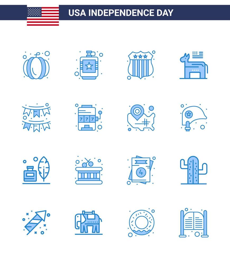 Lycklig oberoende dag packa av 16 blues tecken och symboler för dekoration amerikan bricka symbol amerikan redigerbar USA dag vektor design element