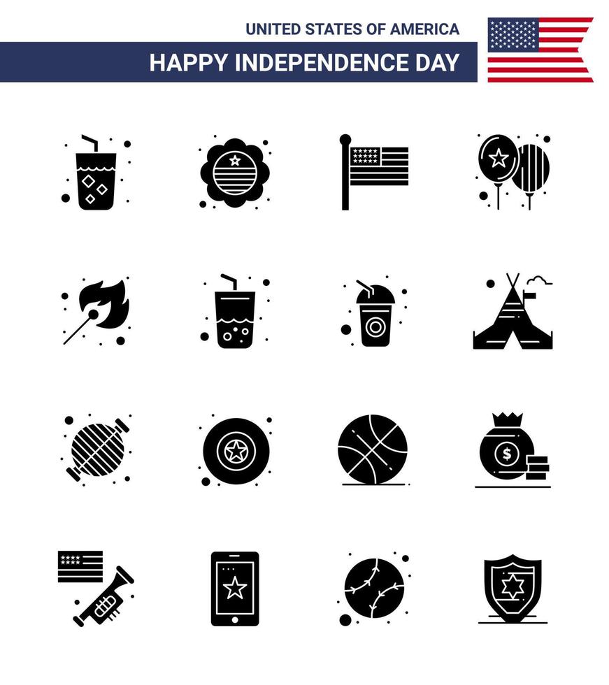 Happy Independence Day Pack mit 16 soliden Glyphen Zeichen und Symbolen für Fire Party Flag Day Ballons editierbare Usa Day Vektor Design Elemente