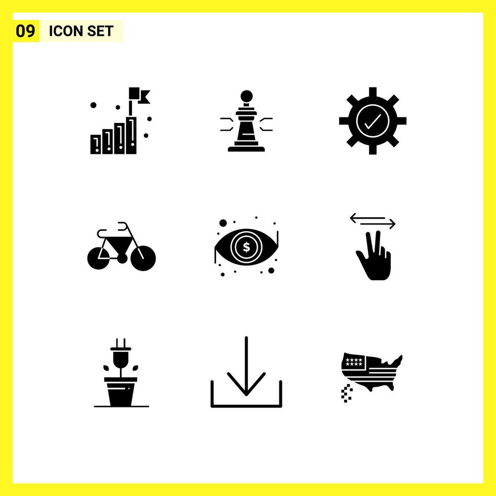 Stock Vector Icon Pack mit 9 Zeilen Zeichen und Symbolen für Look Dollar Poker Transport Fahrrad editierbare Vektordesign-Elemente