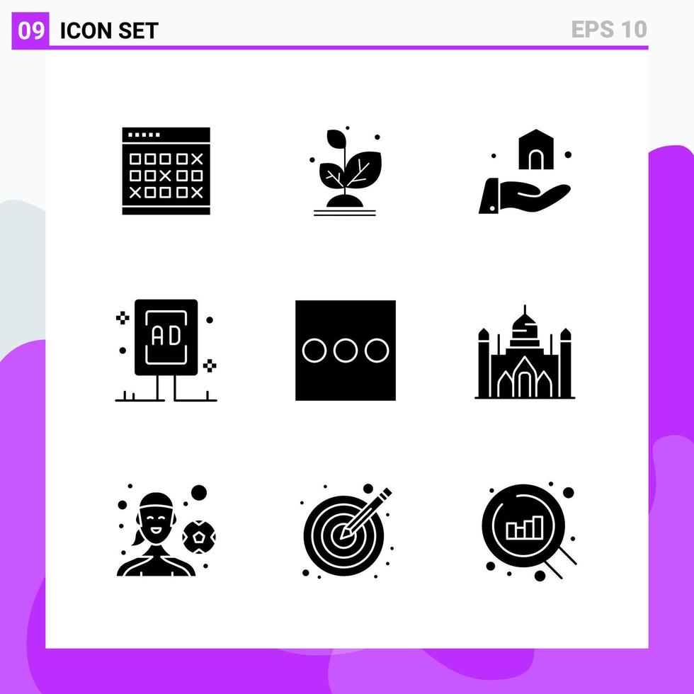 uppsättning av 9 ikoner i fast stil kreativ glyf symboler för hemsida design och mobil appar enkel fast ikon tecken isolerat på vit bakgrund 9 ikoner vektor