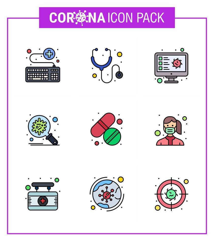 9 gefüllte Linien flache Farbe virales Virus Corona Icon Pack wie Verbreitungsschutz Computer Corona Rekord virales Coronavirus 2019nov Krankheitsvektor Designelemente vektor