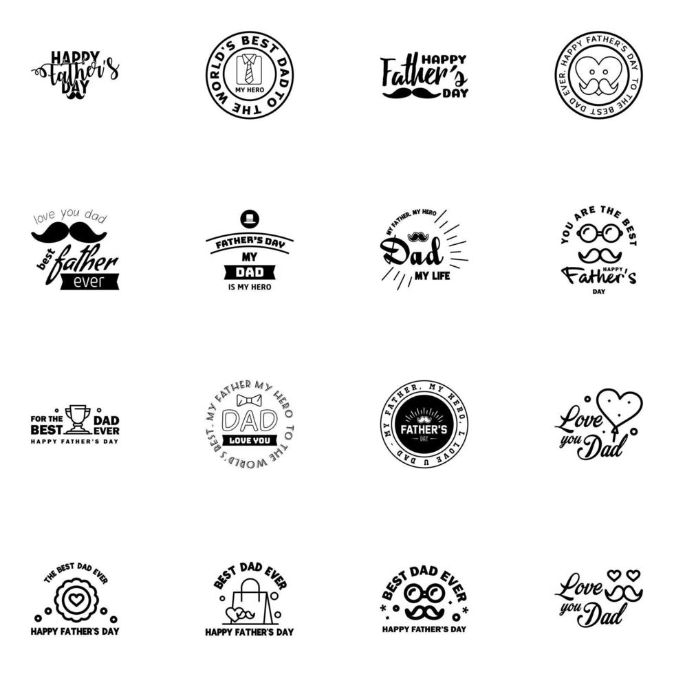 16 schwarze Vektor glücklich Vatertag Typografie Vintage Symbole Schriftzug für Grußkarten Banner T-Shirt Design Vatertag editierbare Vektordesign-Elemente