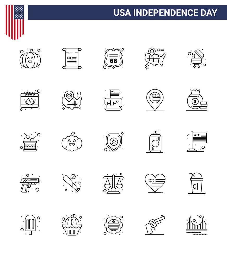 25 kreativ USA ikoner modern oberoende tecken och 4:e juli symboler av amerikan bbq skydda utegrill Karta redigerbar USA dag vektor design element