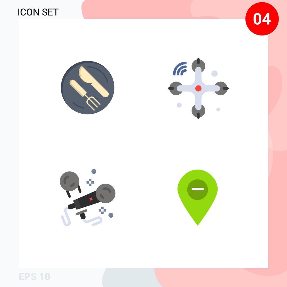 Satz von 4 Vektor-Flachsymbolen auf dem Gitter für das Mittagessen Mikrofon Messer Drohne singen editierbare Vektordesign-Elemente vektor