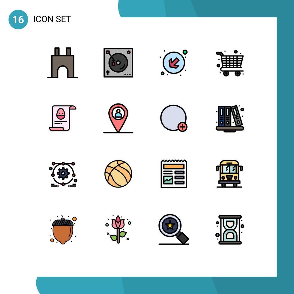 Gruppe von 16 flachen, farbgefüllten Linien Zeichen und Symbole für Aester-Datei Sound Cart Shopping editierbare kreative Vektordesign-Elemente vektor