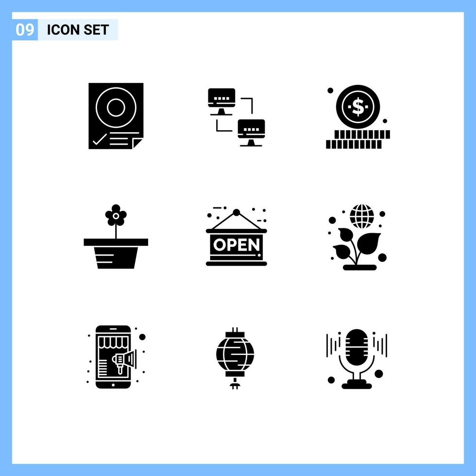 9 solides Glyphenkonzept für mobile Websites und Apps öffnen vorhandene Computer Pot Flower editierbare Vektordesign-Elemente vektor