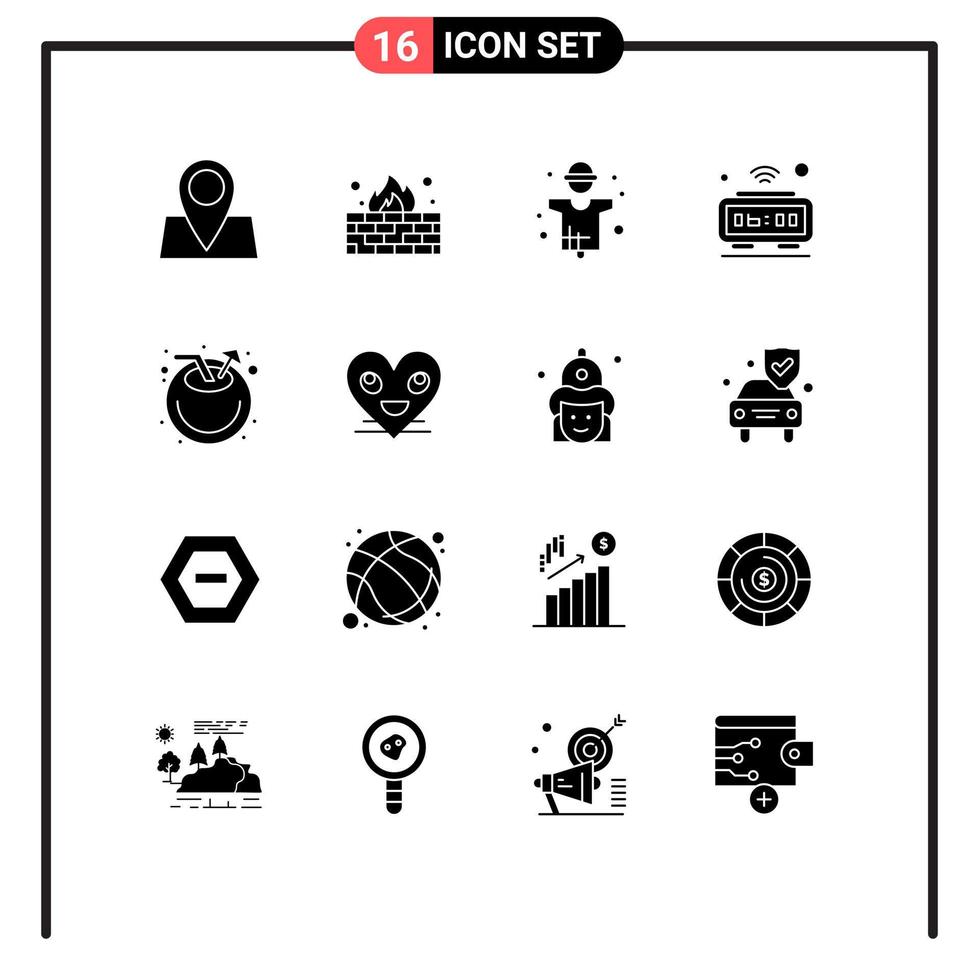 Solides Glyphenpaket mit 16 universellen Symbolen für die Herstellung von bearbeitbaren Vektordesignelementen für die Produktion von WLAN-Internet-Landwirtschaftsuhren vektor