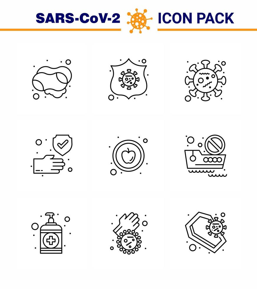 Corona-Virus-Krankheit 9-Zeilen-Icon-Pack saugen als lebensmittelechter Corona-Schutz saubere virale Coronavirus 2019nov-Krankheitsvektor-Designelemente vektor