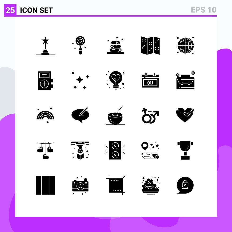 uppsättning av 25 vektor fast glyfer på rutnät för seo klot bröllop plats Karta redigerbar vektor design element