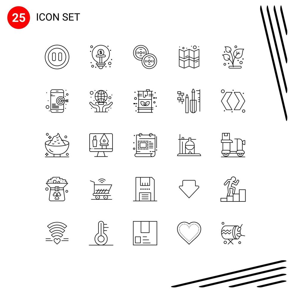 Mobile Interface Line Set aus 25 Piktogrammen von Pflanzenblattmünzen wächst standortbearbeitbare Vektordesignelemente vektor