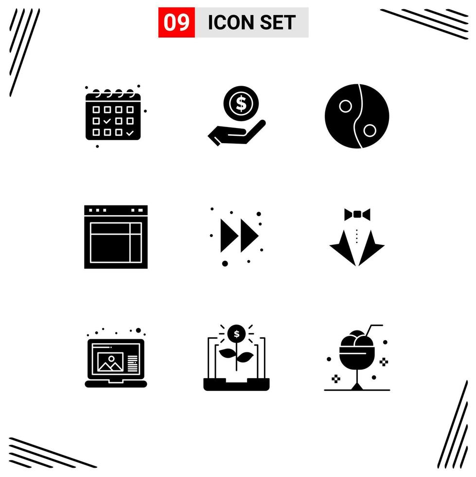 Stock Vector Icon Pack mit 9 Zeilen Zeichen und Symbolen für Bogen nach vorne Yin Pfeil Web editierbare Vektordesign-Elemente