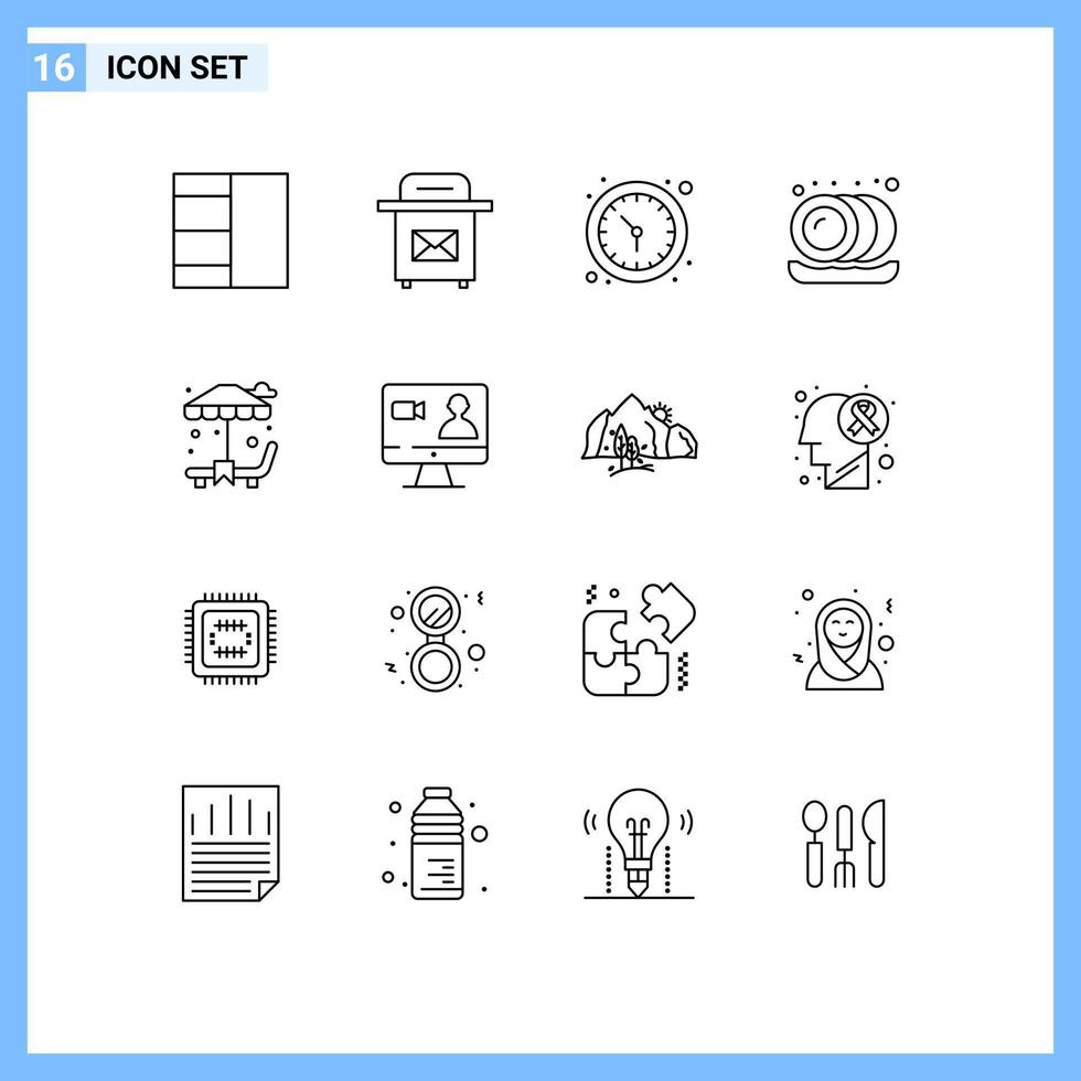 16 thematische Vektorumrisse und editierbare Symbole von Internet-Job-Wanduhr-Garten-Sonnenliege editierbare Vektordesign-Elemente vektor