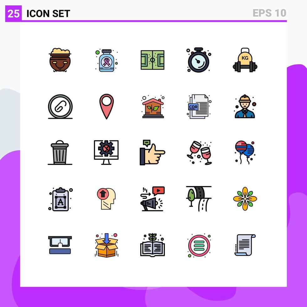 25 fylld linje platt Färg begrepp för webbplatser mobil och appar skivstång muskel fält Gym fotboll redigerbar vektor design element