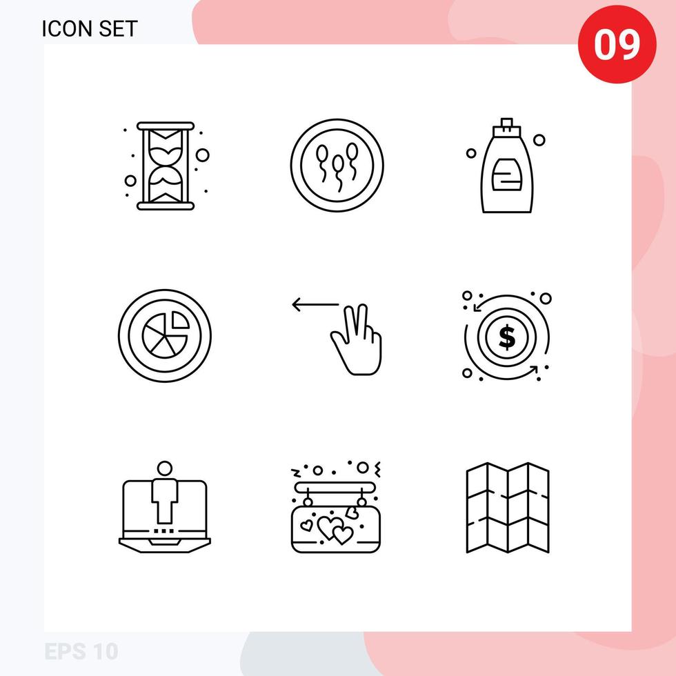 Packung mit 9 modernen Umrissen, Zeichen und Symbolen für Web-Printmedien wie Fingerkuchen-Badezimmerdiagrammanalysen, editierbare Vektordesignelemente vektor