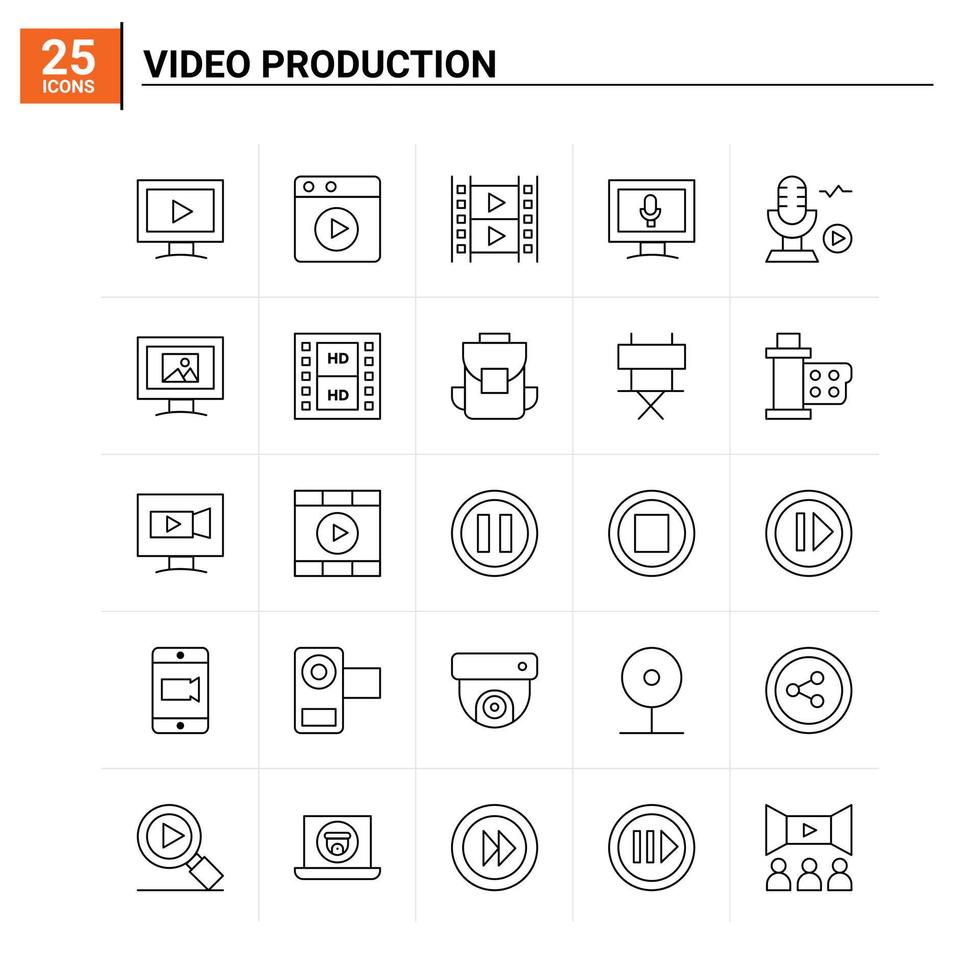 25 Videoproduktionssymbole setzen Vektorhintergrund vektor