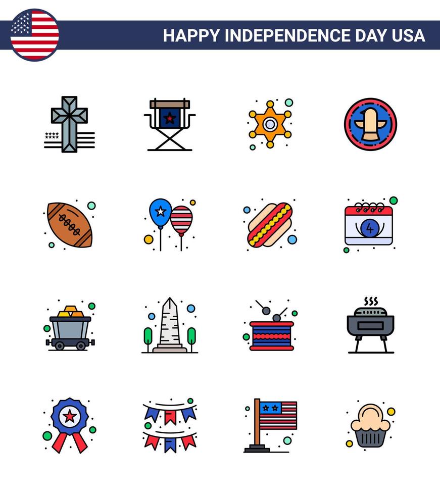 Lycklig oberoende dag 4:e juli uppsättning av 16 platt fylld rader amerikan pictograph av rugby Örn män firande amerikan redigerbar USA dag vektor design element