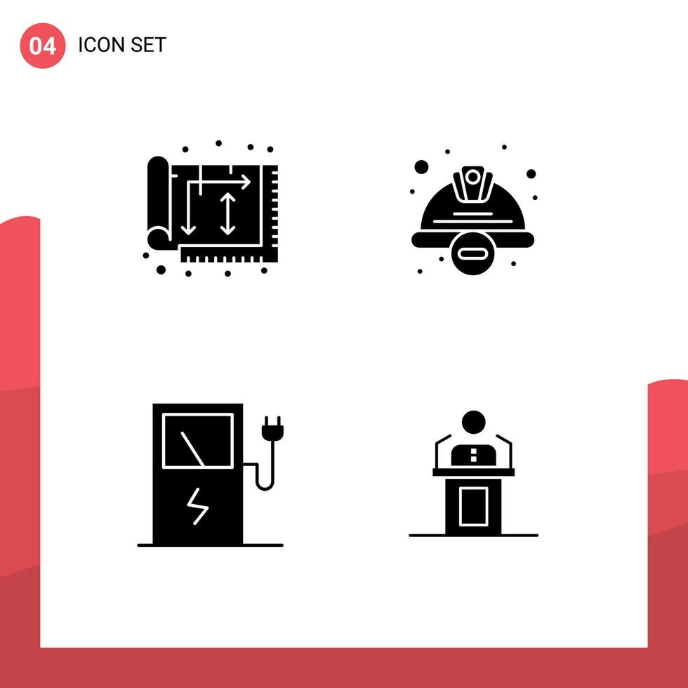 grupp av 4 fast glyfer tecken och symboler för arkitekt arbetstagare hatt hus konstruktion elektrisk redigerbar vektor design element