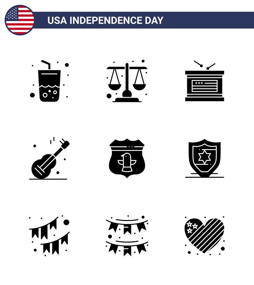 4. juli usa glücklicher unabhängigkeitstag symbol symbole gruppe von 9 modernen soliden glyphen der usa amerikanische trommel usa guiter editierbare usa tag vektordesignelemente vektor