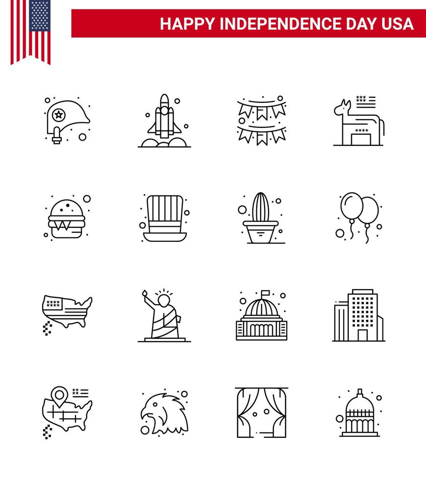 Usa Happy Independence Day Piktogrammsatz von 16 einfachen Symbolzeilen American Usa Donkey Party editierbare Usa Day Vektordesign-Elemente vektor