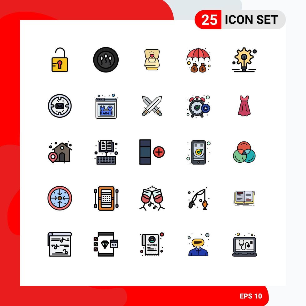 25 universelle gefüllte Linie flache Farbzeichen Symbole der Business-Ausrüstung Herzbirne Regenschirm editierbare Vektordesign-Elemente vektor