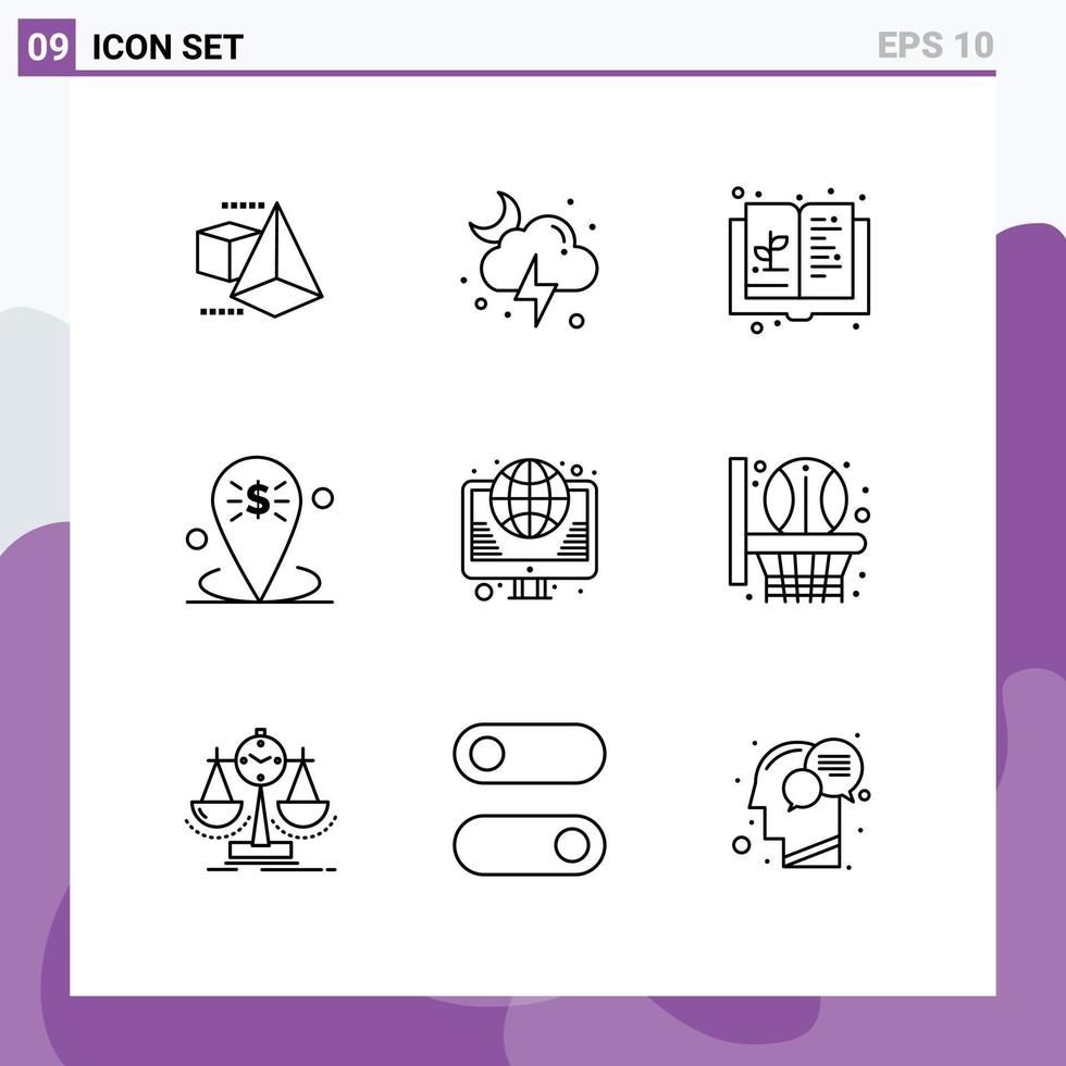 Aktienvektor-Icon-Pack mit 9 Zeilenzeichen und Symbolen für Globus, Ort, Bildung, Standort, Banking, editierbare Vektordesign-Elemente vektor