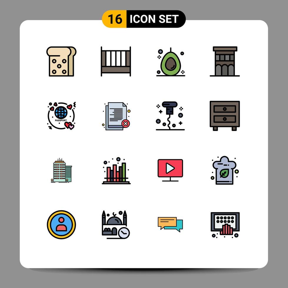 redigerbar vektor linje packa av 16 enkel platt Färg fylld rader av resa pass frukt smekmånad fast egendom redigerbar kreativ vektor design element