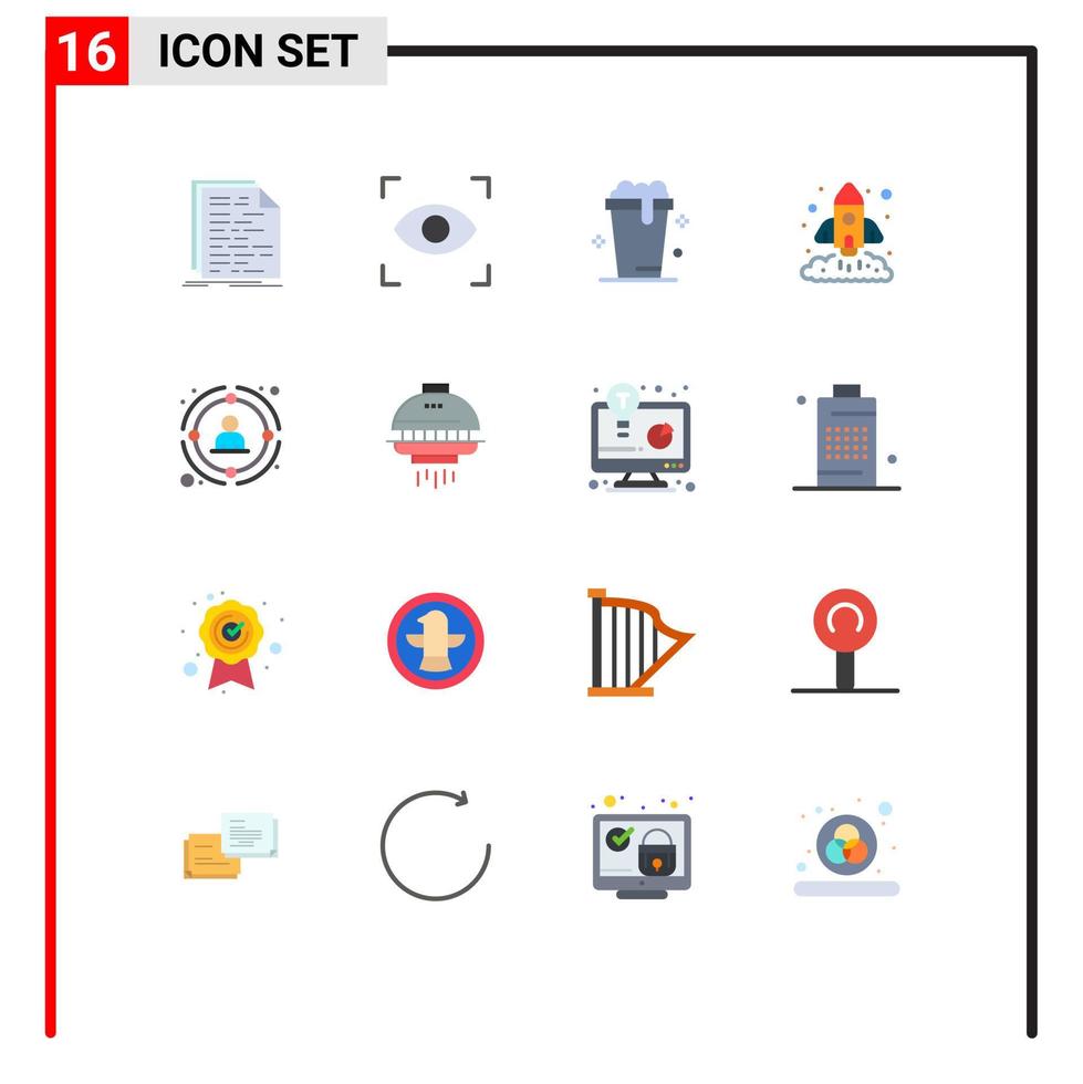 Flaches Farbpaket mit 16 universellen Symbolen des Link-Raketenglas-Marketing-Geschäfts editierbares Paket kreativer Vektordesign-Elemente vektor