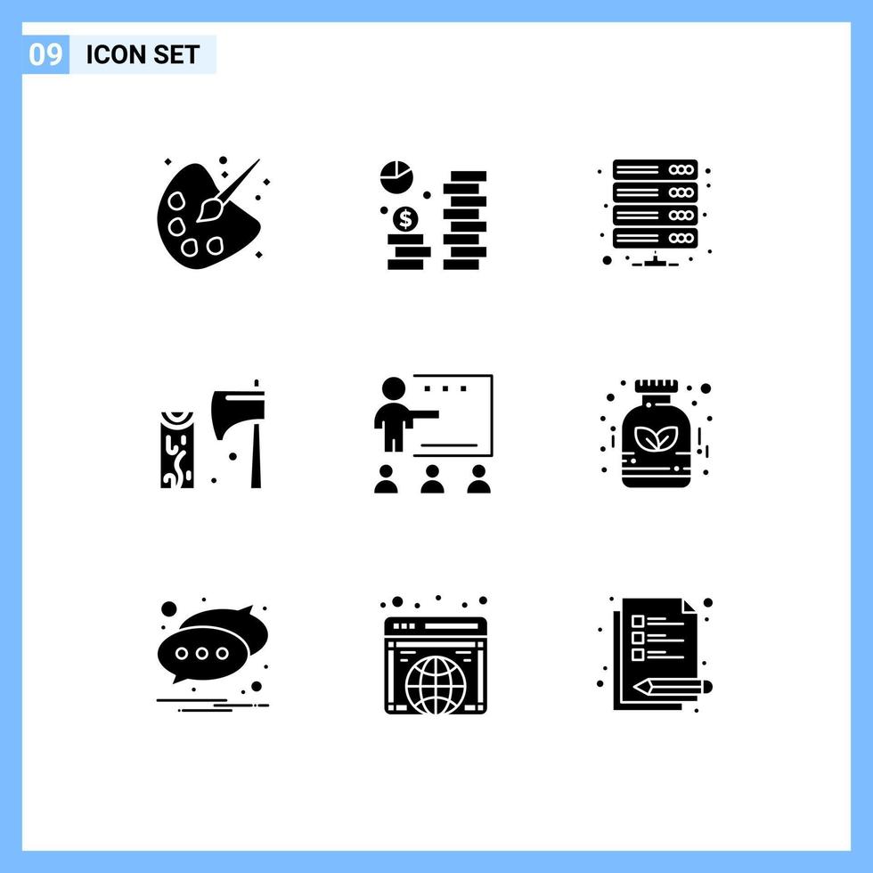 Solides Glyphenpaket mit 9 universellen Symbolen für den Werkzeugbau, das Axtspeicherung und bearbeitbare Vektordesignelemente spart vektor