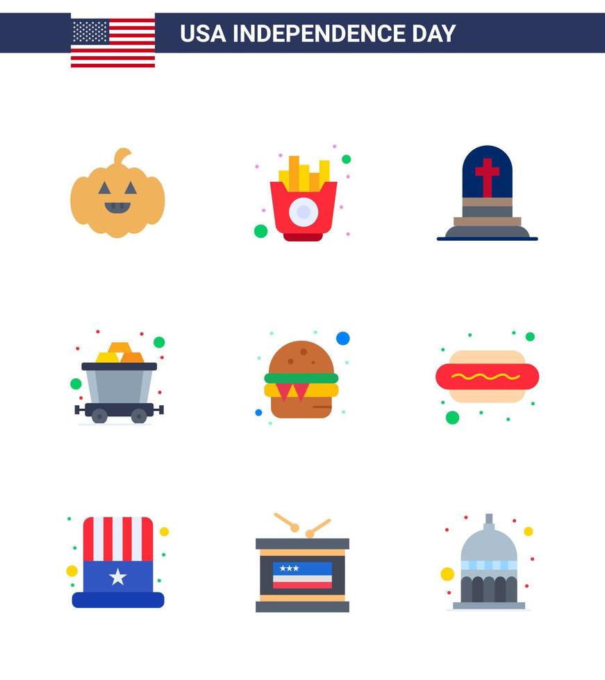 9 Usa-Flachpackung mit Zeichen und Symbolen für den Unabhängigkeitstag der Mahlzeit Fast Grave Burger Mine editierbare Usa-Tag-Vektordesign-Elemente vektor