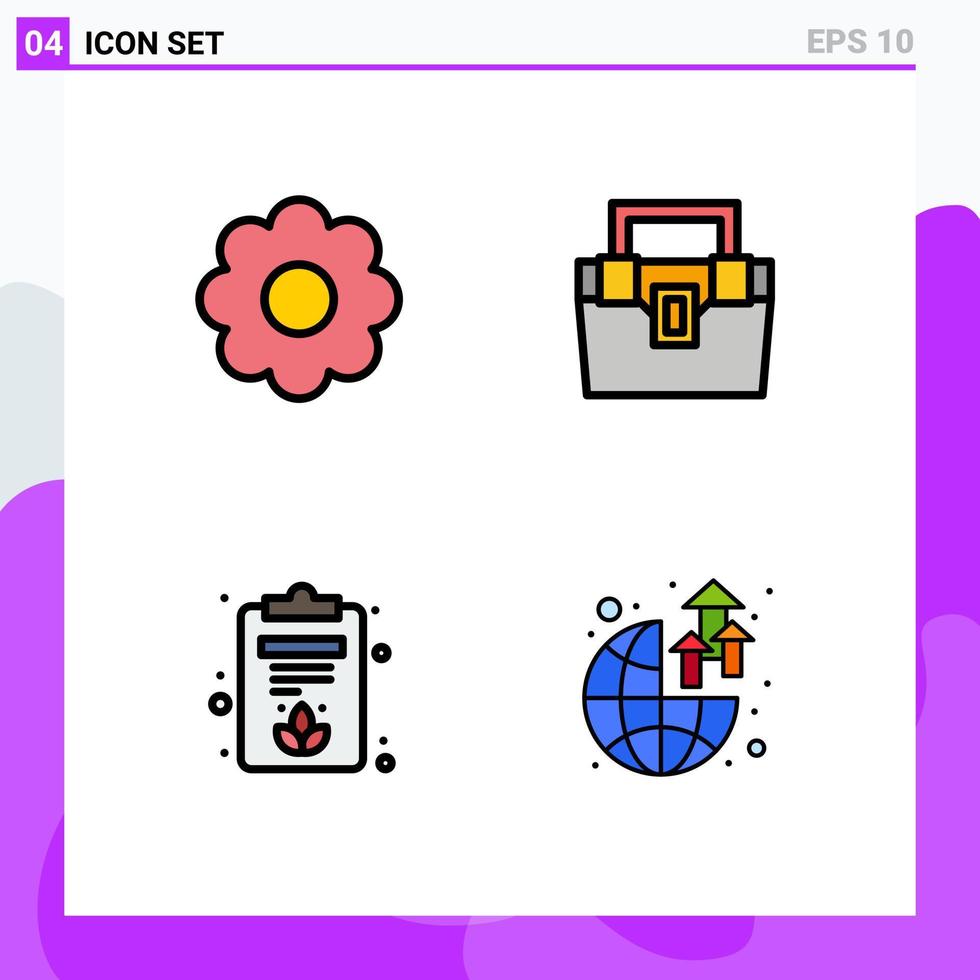 moderner Satz von 4 gefüllten flachen Farben und Symbolen wie Blumenbrett-Taschenmaterial global editierbare Vektordesign-Elemente vektor