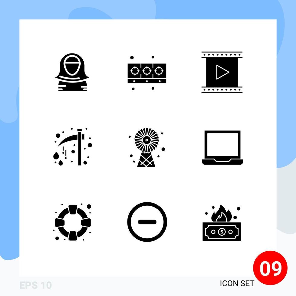 mobile Schnittstelle solider Glyph-Satz von 9 Piktogrammen von bearbeitbaren Vektordesign-Elementen für Feiertagsfeiern Küchenaxtfilm vektor