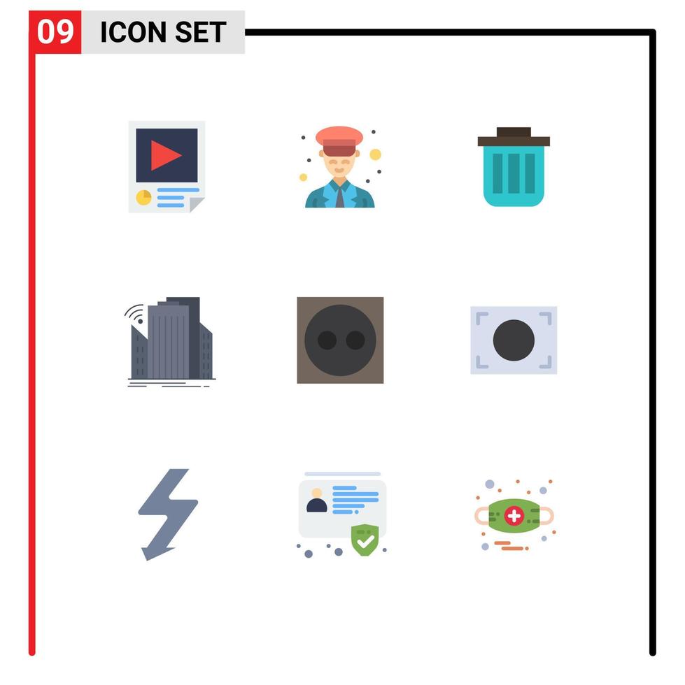 Gruppe von 9 flachen Farbzeichen und Symbolen für Gebäude Mülleimer Polizei Container bin editierbare Vektordesign-Elemente vektor