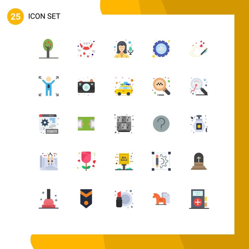 grupp av 25 platt färger tecken och symboler för hjärta penna mikrofon inställningar fel redigerbar vektor design element