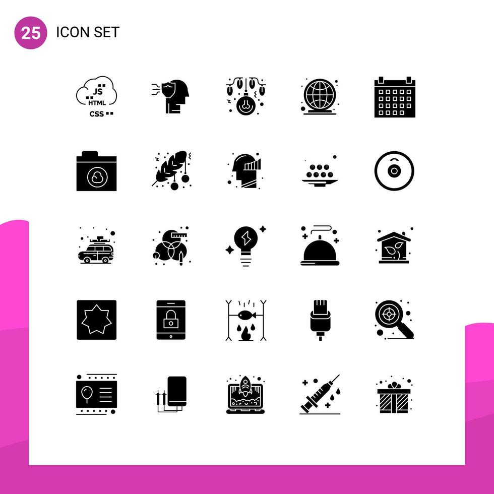 grupp av 25 modern fast glyfer uppsättning för kalender över hela världen skydda klot lampor redigerbar vektor design element
