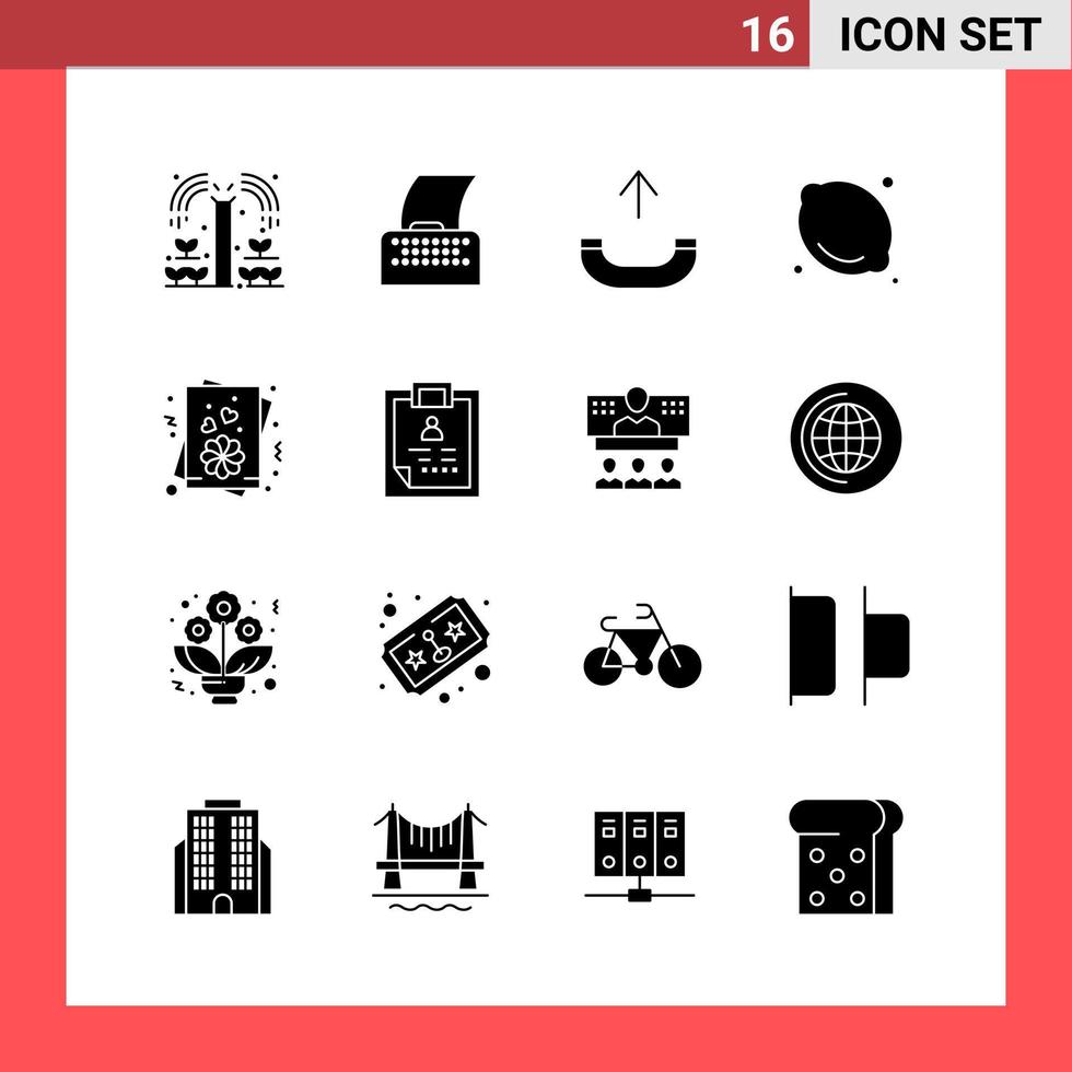 16 Icon-Pack-Glyphensymbole im soliden Stil auf weißem Hintergrund, einfache Zeichen für die allgemeine Gestaltung vektor