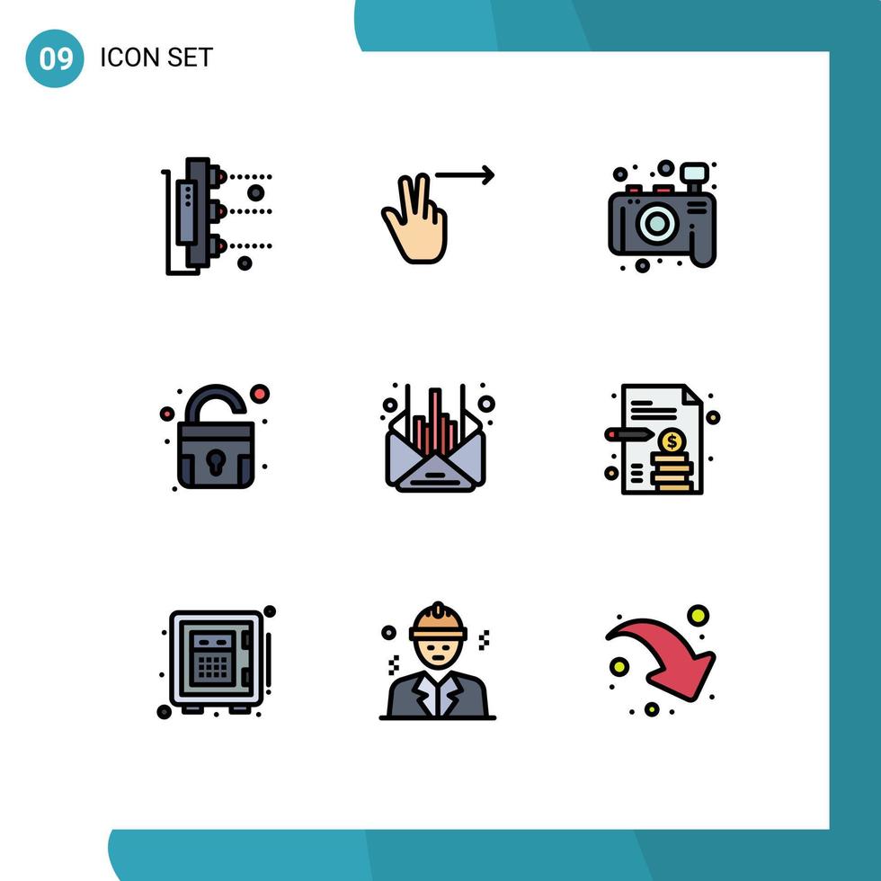 Piktogrammsatz aus 9 einfachen, gefüllten, flachen Farben von Business Business Photo Management entsperren bearbeitbare Vektordesign-Elemente vektor