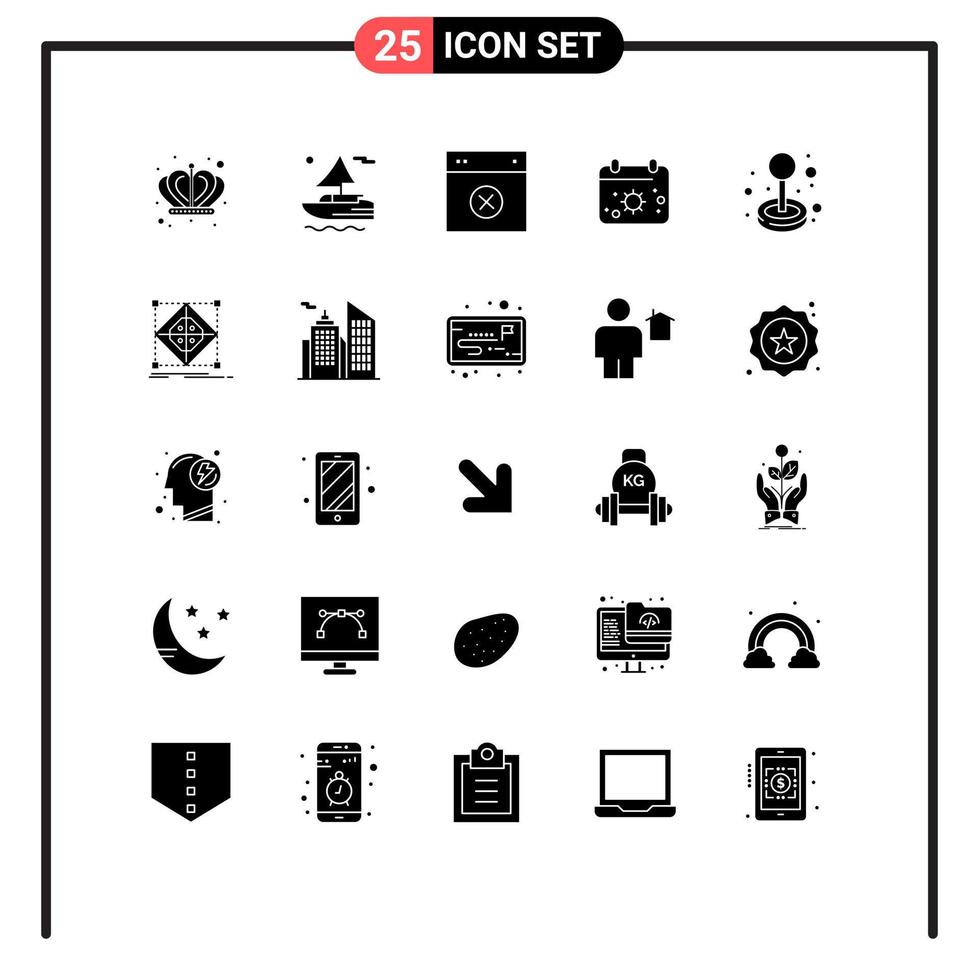 Gruppe von 25 modernen soliden Glyphen, die für Game-Joystick-Layout-Sonnenkalender-editierbare Vektordesign-Elemente festgelegt wurden vektor