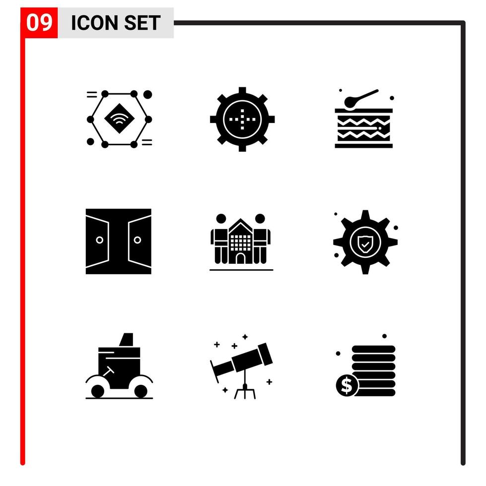 Gruppe von 9 soliden Glyphenzeichen und Symbolen für bearbeitbare Vektordesign-Elemente für Kulturheimtechnologie-Torgebäude vektor