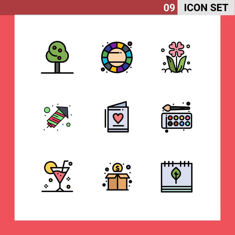 editierbare Vektorlinie Packung mit 9 einfachen gefüllten flachen Farben der Liebeskarte Blumenfeier Rakete editierbare Vektordesign-Elemente vektor