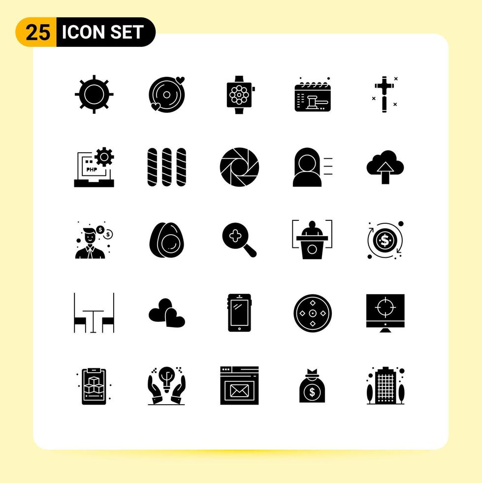 Satz von 25 kommerziellen soliden Glyphen-Packs für christliche Gleichgewichts-Apfel-Datumstermine editierbare Vektordesign-Elemente vektor