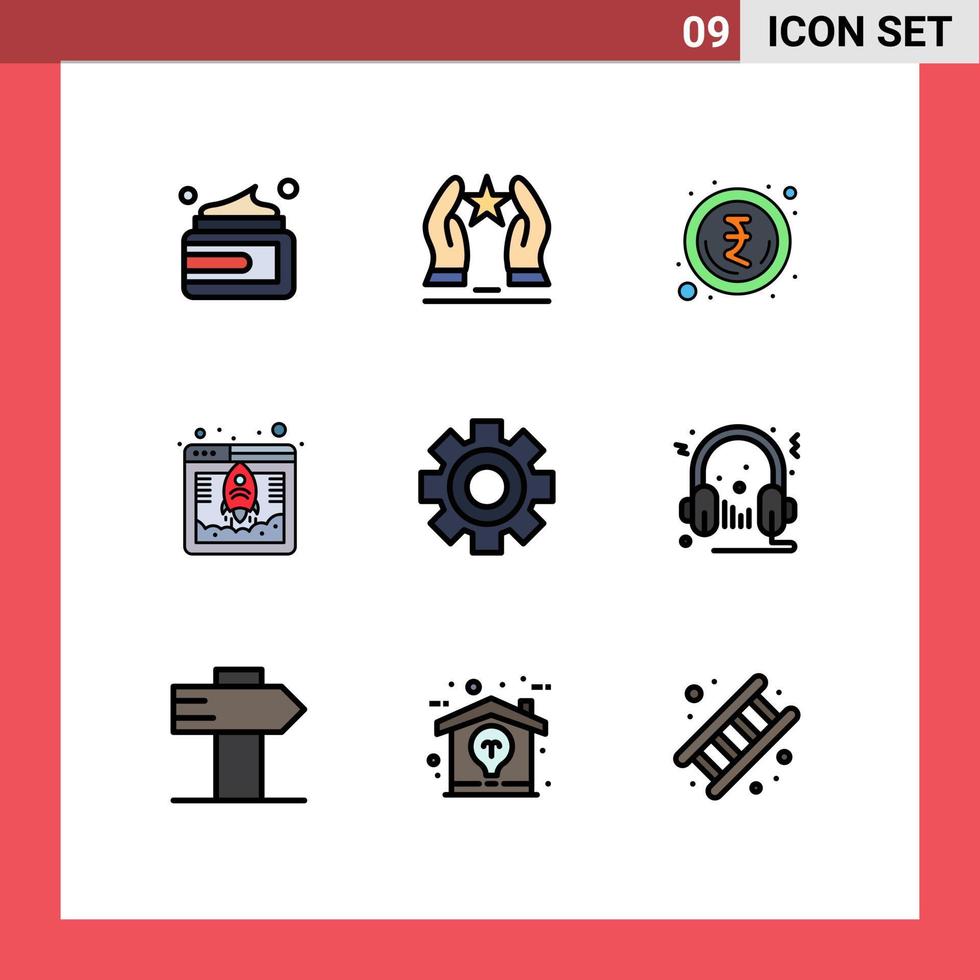 Gruppe von 9 modernen Filledline-Flachfarben, die für den schnellen Zugriff auf bearbeitbare Vektordesign-Elemente des Gear-Webhosting-Stars festgelegt werden vektor
