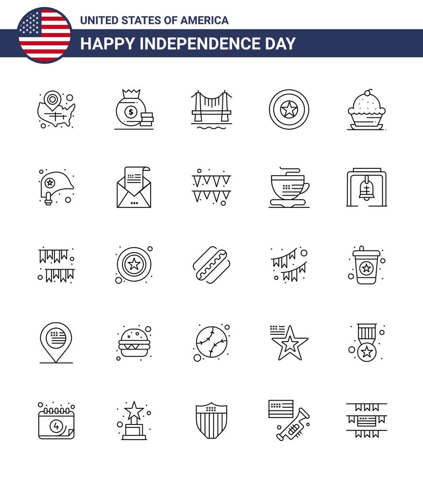 Lycklig oberoende dag 25 rader ikon packa för webb och skriva ut kaka oberoende dag amerikan oberoende stadsbild redigerbar USA dag vektor design element
