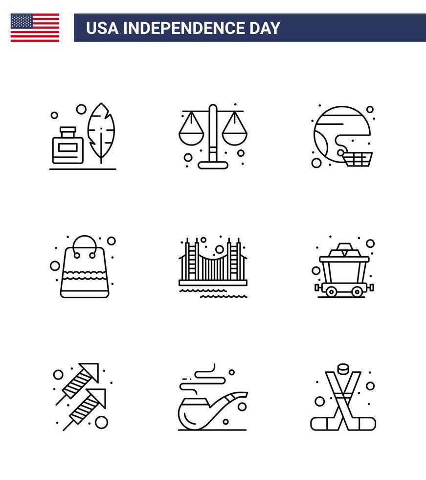 packung mit 9 feierlinien zum unabhängigkeitstag der usa, zeichen und 4. juli symbole wie shop money american bag state editierbare usa day vector design elemente