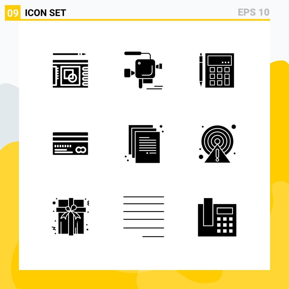 uppsättning av 9 vektor fast glyfer på rutnät för kreditera kort kreditera bokföring matematik kalkylator redigerbar vektor design element