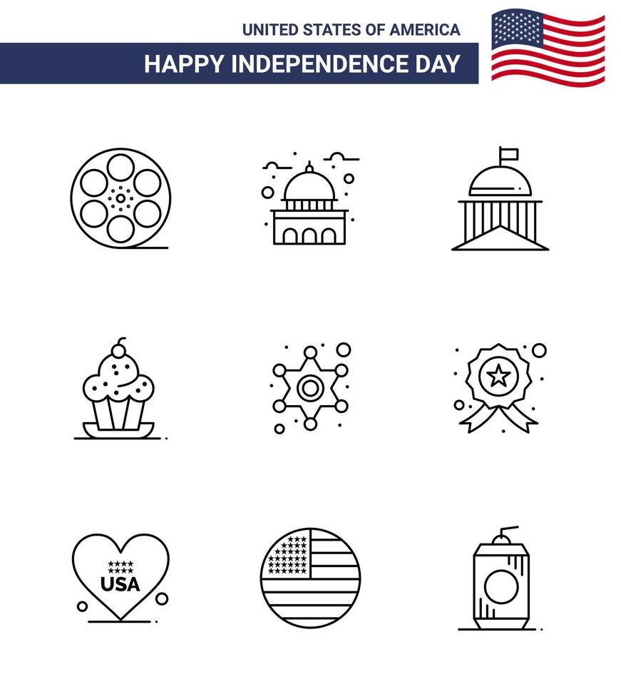 Lycklig oberoende dag 4:e juli uppsättning av 9 rader amerikan pictograph av ljuv efterrätt vit kaka irland redigerbar USA dag vektor design element